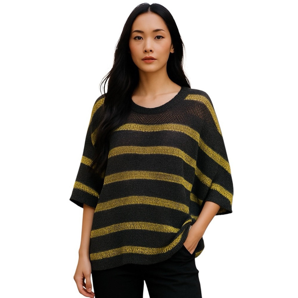 Aphorism Blue Yellow Striped Crochet Knit Sweater S